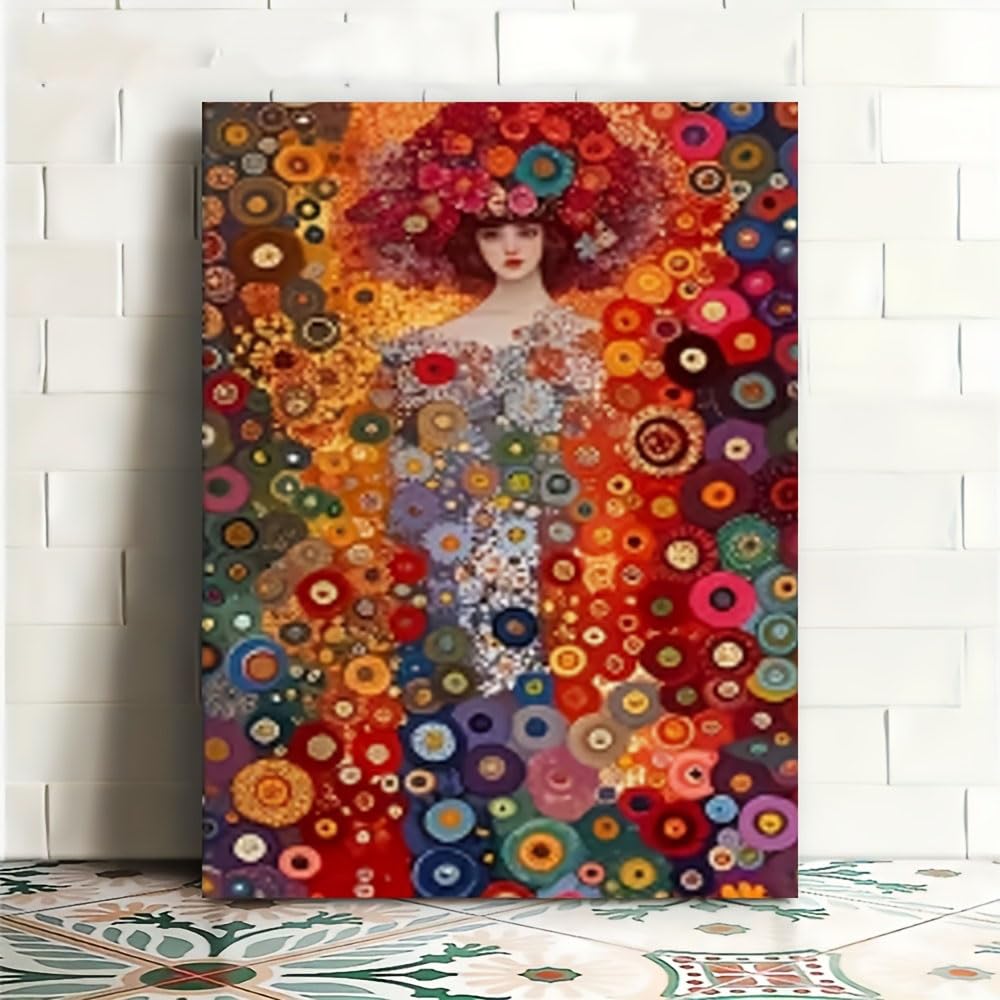 Gustav Klimt Style Canvas Wall Picture - Abstract Colorful For Living Room (70x90cm / With Frame)