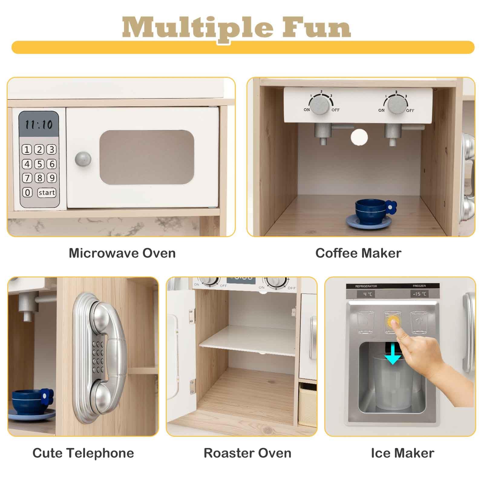 HOMASIS Cucina Giocattolo con Luci LED Regolabili, Cucina Realistica in Legno con Cestini in Tessuto Removibili, Macchina per Caffè, Frigorifero, Cucinetta per Bambini dai 3 Anni in su