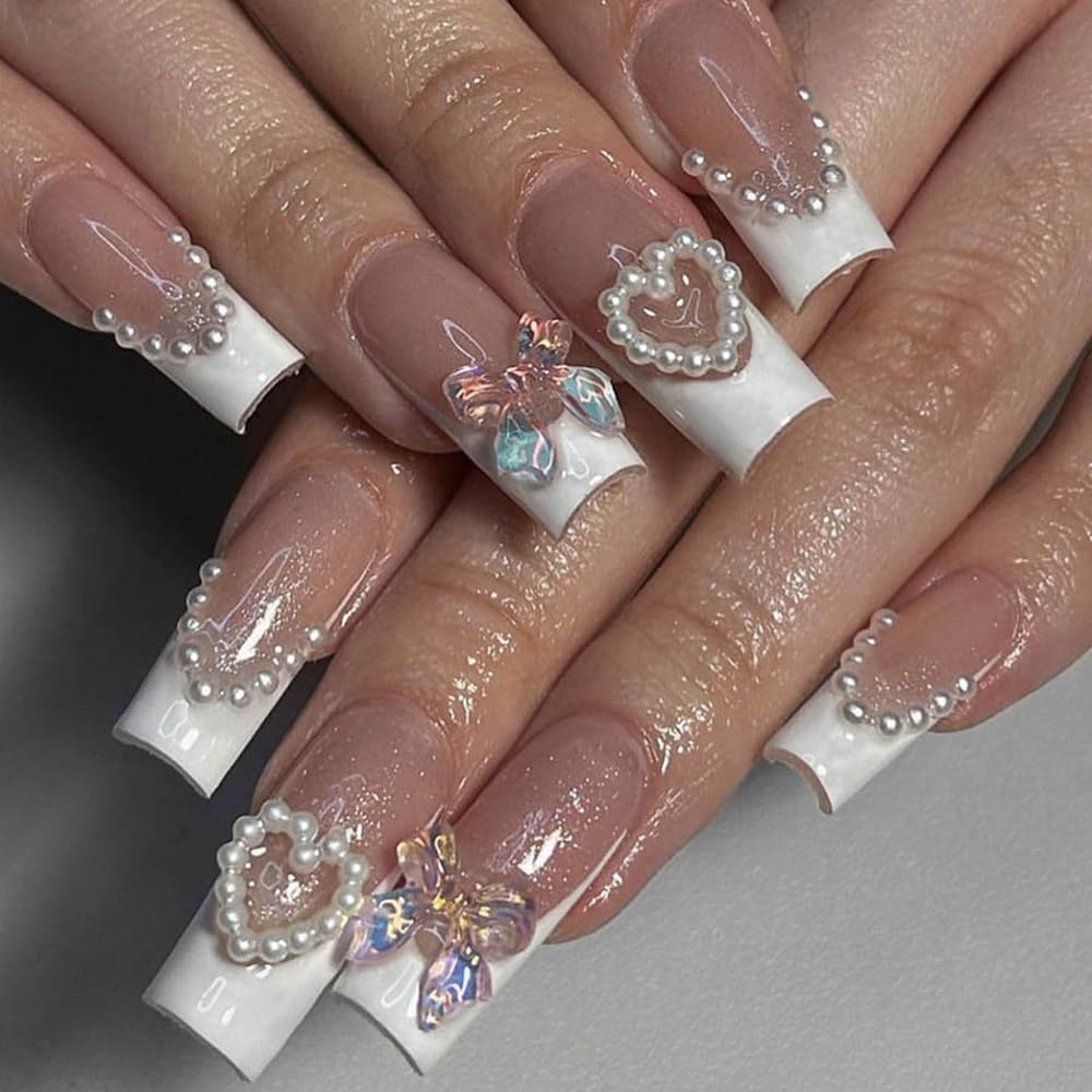 CEWEWP French Tip Press on Nails Long Coffin Square Fake Nails Bow Designs with White Pearl Full Cover False Nails Glossy Glue on Nail Acrylic Nails