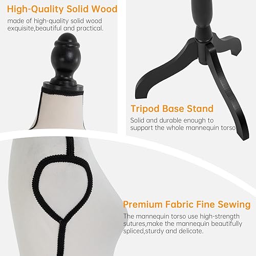 Miniatura 4 de Maniquí femenino de altura ajustable en soporte de trípode de madera, maniquí de torso para coser ropa y exhibición de joyas, color crema