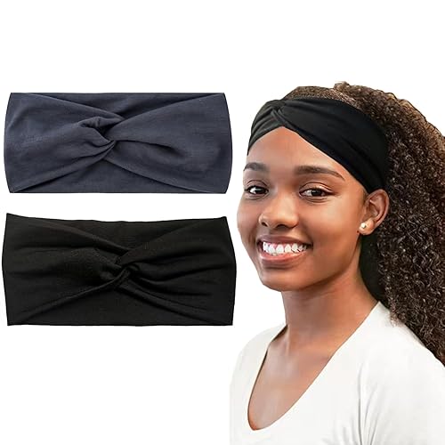 2 diademas de turbante para mujer, bohemias, elásticas, a la moda, de tela anudada, de tela gruesa, para mujeres y niñas, color negro (gris oscuro +