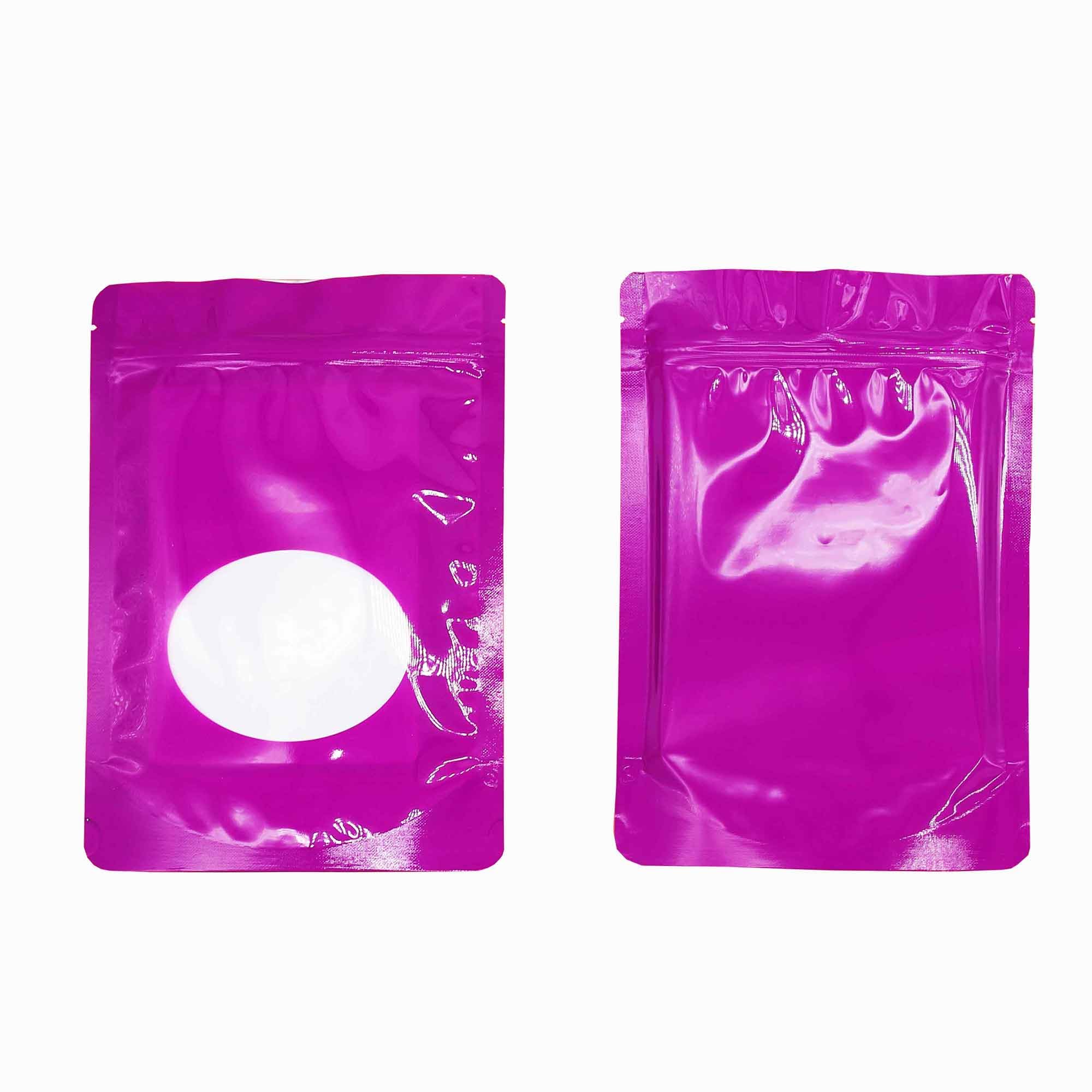 Double-Sided Matte/Glossy Color with Clear Round Window Stand-Up Pouch (100 Bags/Pack) (6.3" x 8.7", Glossy Purple)