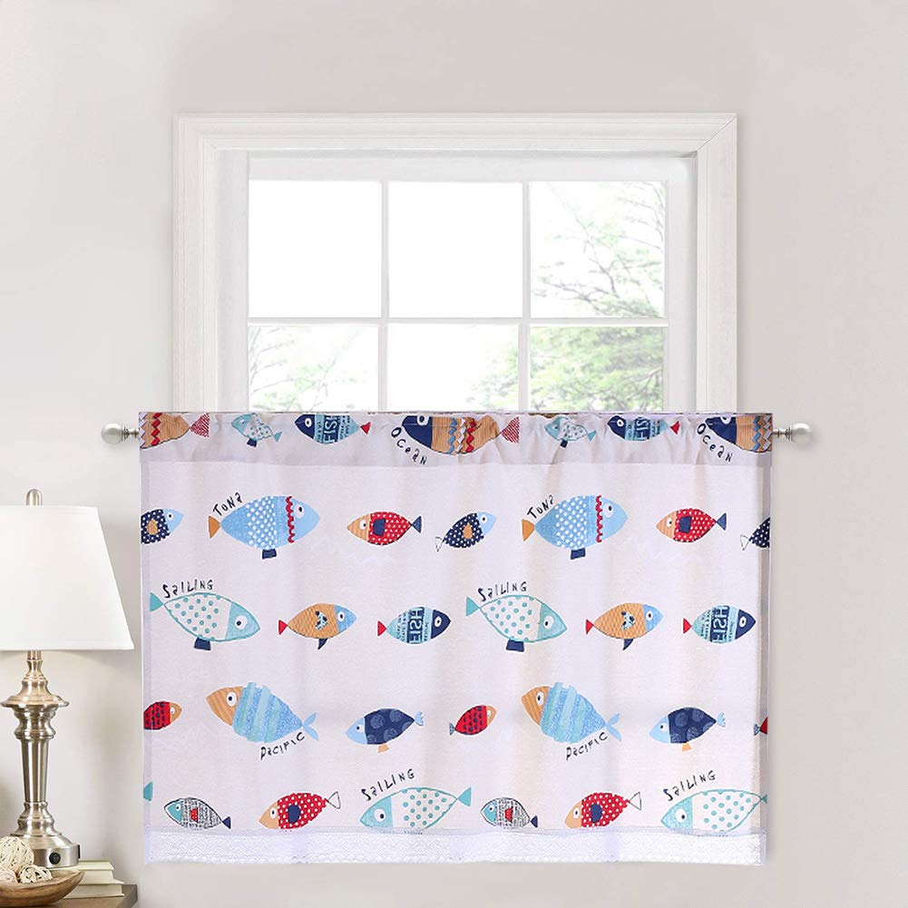 SERENEPEAK Short Curtains, Blackout Fish Curtain Valance for Window, Modern Cotton Rod Pocket Short Curtain, Partition Curtain for Door Window(W90xH50cm/W35.4xH19.7inch)