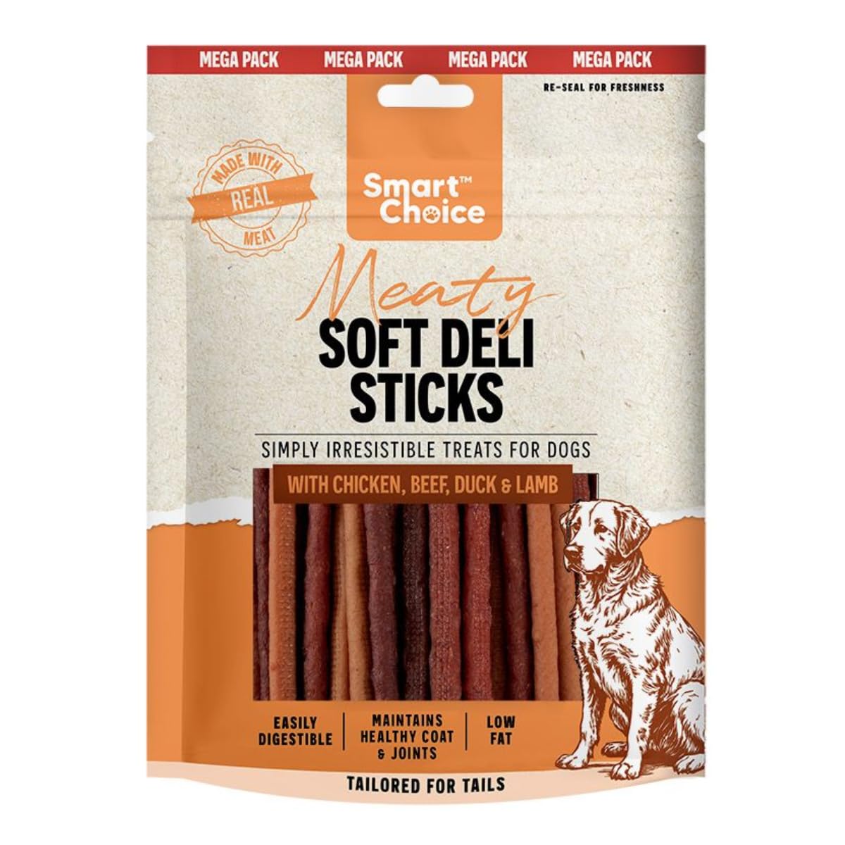 Meaty Soft Deli Stick Dog Treats with Chicken Beef Duck & Lamb, Low Fat Real Meat Training Rewards, Easy Digest Chews for Healthy Coat & Joints, 300g Resealable Packet - Mega Pack