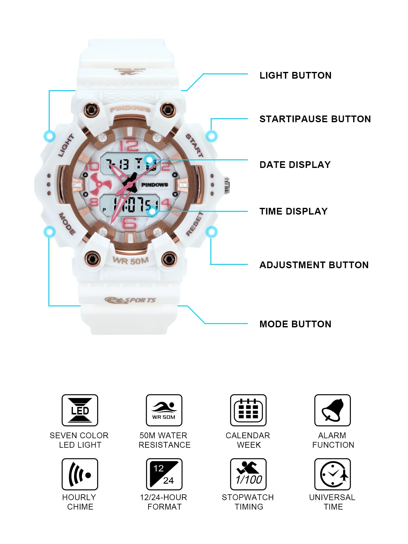MASTOP Montre de sport numérique unisexe, couleur bonbon, style militaire, étanche à 5 ATM, étanche, rétro-éclairage LED, grand cadran avec minuteur, alarme, chronomètre, calendrier, signal