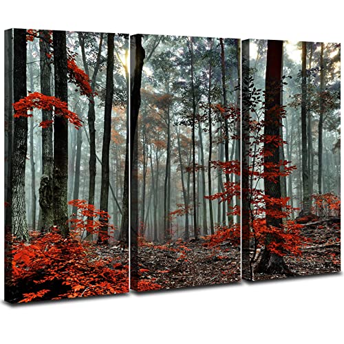 Forest Canvas Wall Art Nature Wall Decor Sunlight Through Red Leaves Giclee Print Painting Modern Home Decoration Silent Trees Photography Picture Artwork For Living Room Bedroom Office 24 X 36" 3Pcs #TOP7