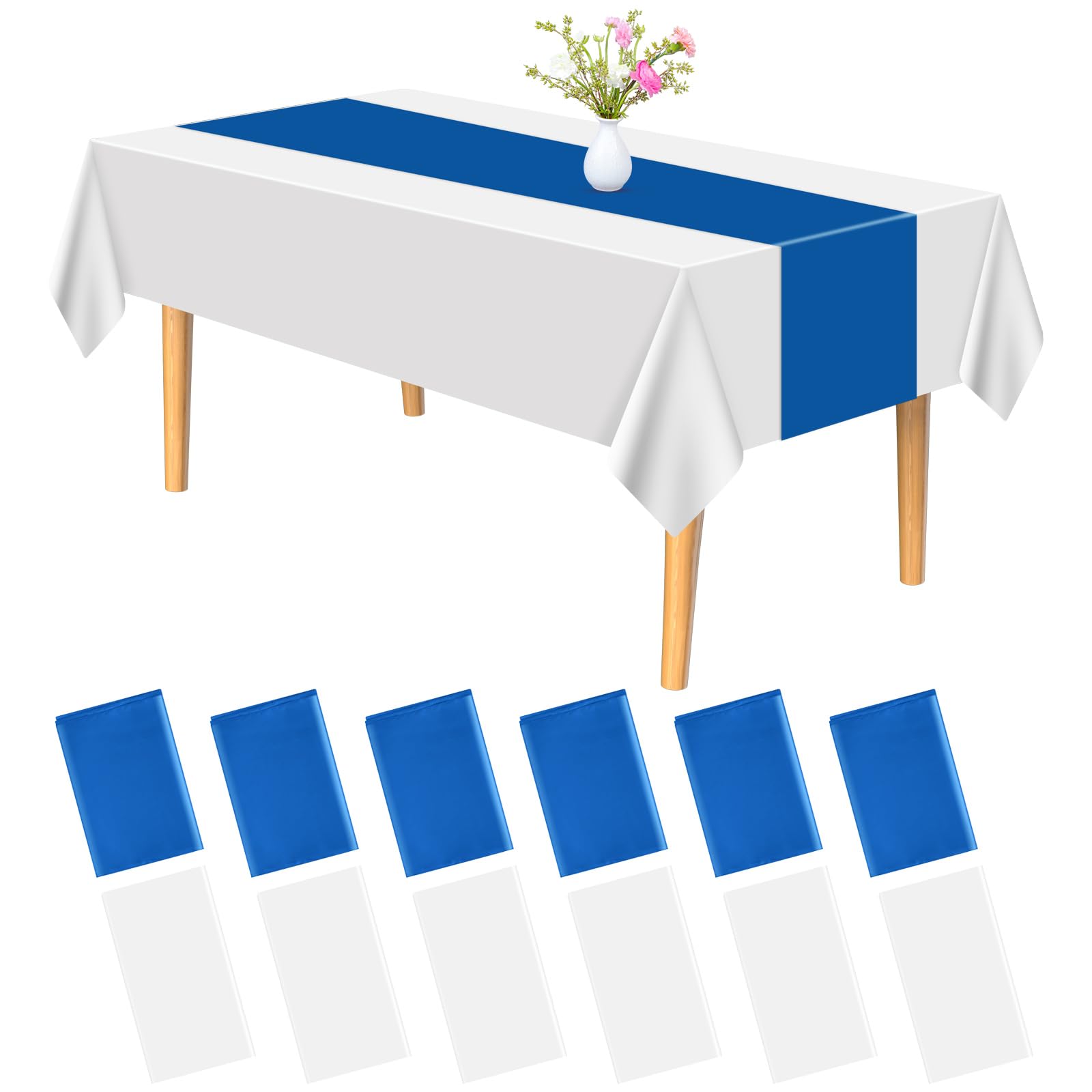 PLULON 12 Pack Plastic Tablecloth and Satin Table Runner Set White Rectangle Table Cover Blue Table Runner for Wedding Birthday Christmas Baby Shower Party Picnic Kitchen Dinning Table Decorations
