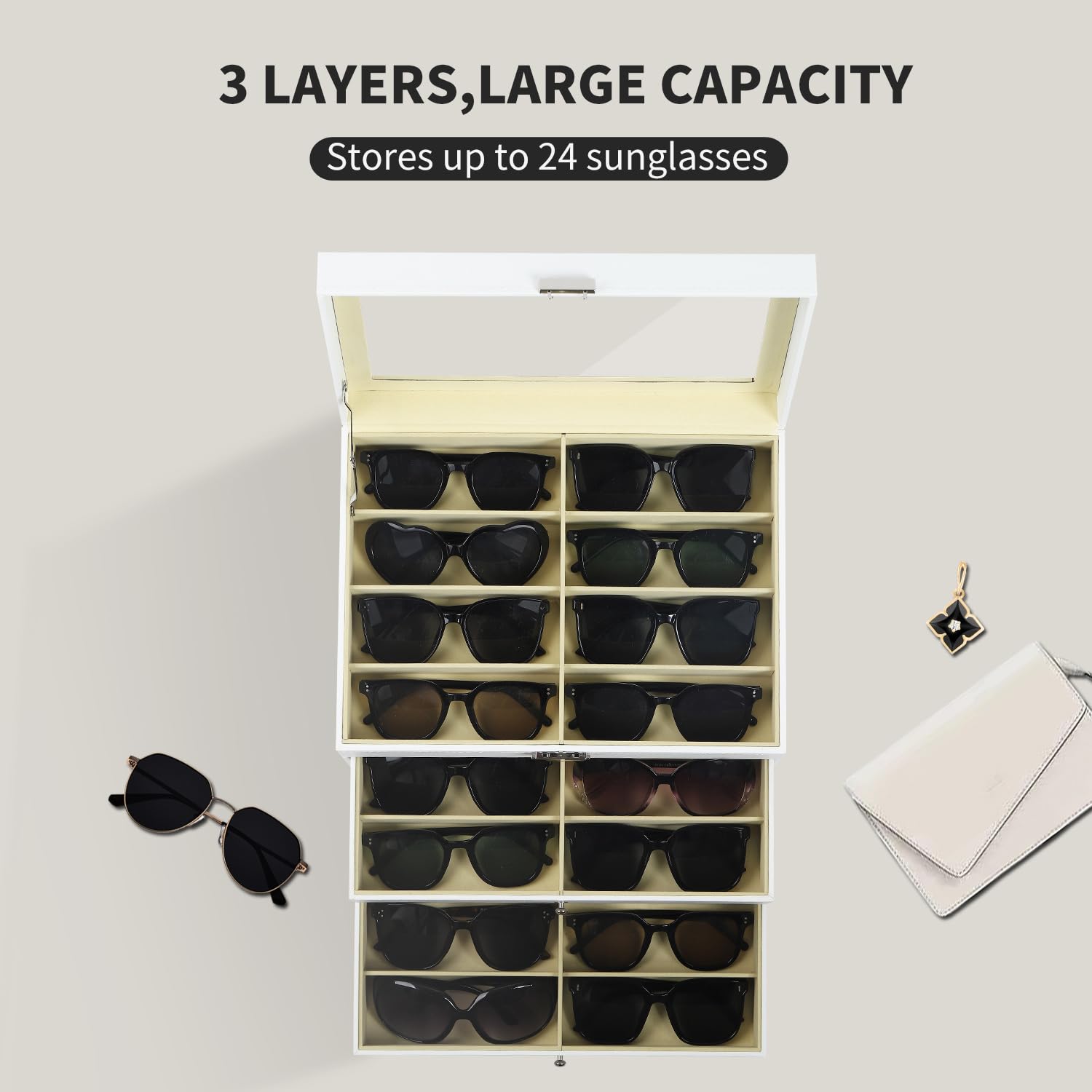 AUTOARK Organizer per occhiali da vista e da sole,in pelle,con serratura,24 pezzi,Bianco,AW-172