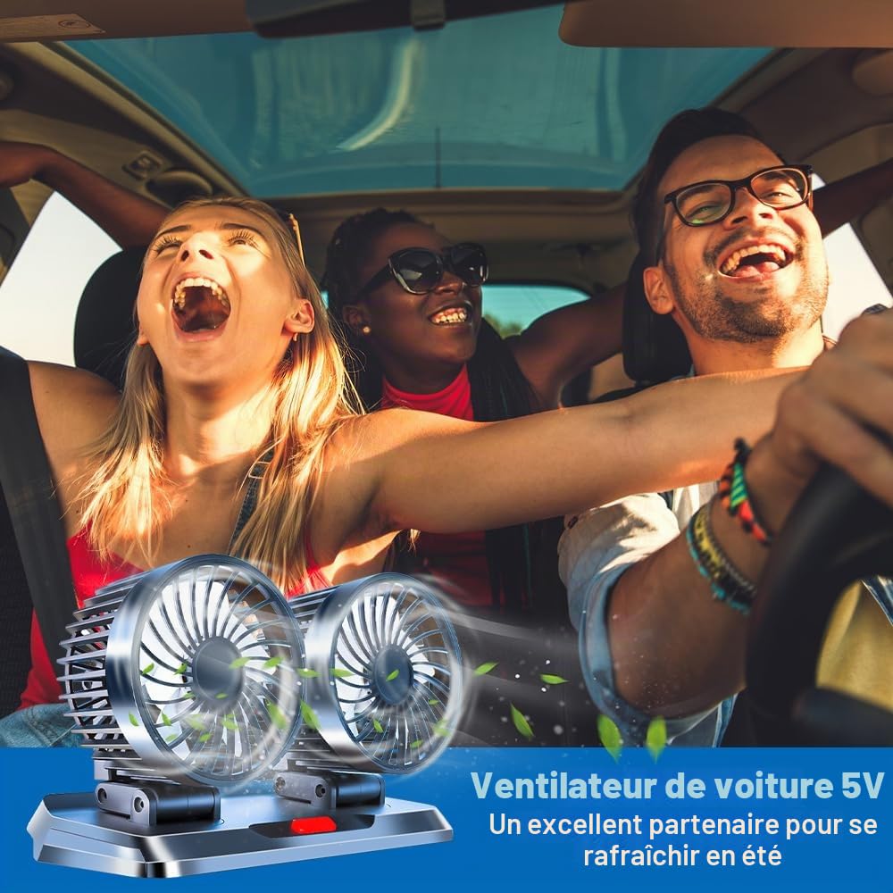 Ventilateur USB 5V à Double Tête Pour Voiture, SUV, RV, Camion, Van - Refroidissement Avec Appuie-Tête Rotatif à 360°