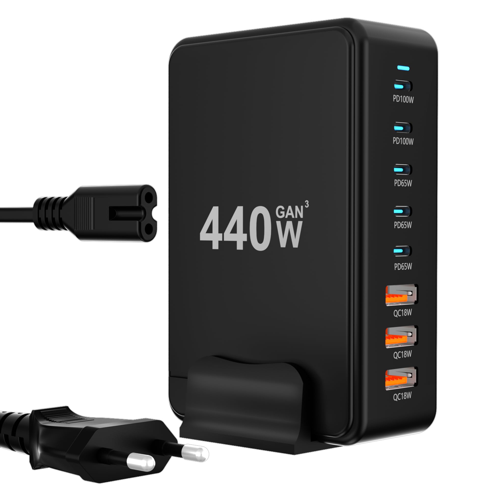 Stazione di ricarica USB C, 440 W, 8 porte, 5 USB-C, 3 USB-A, tecnologia GaN, per telefoni cellulari, laptop, tablet, cuffie