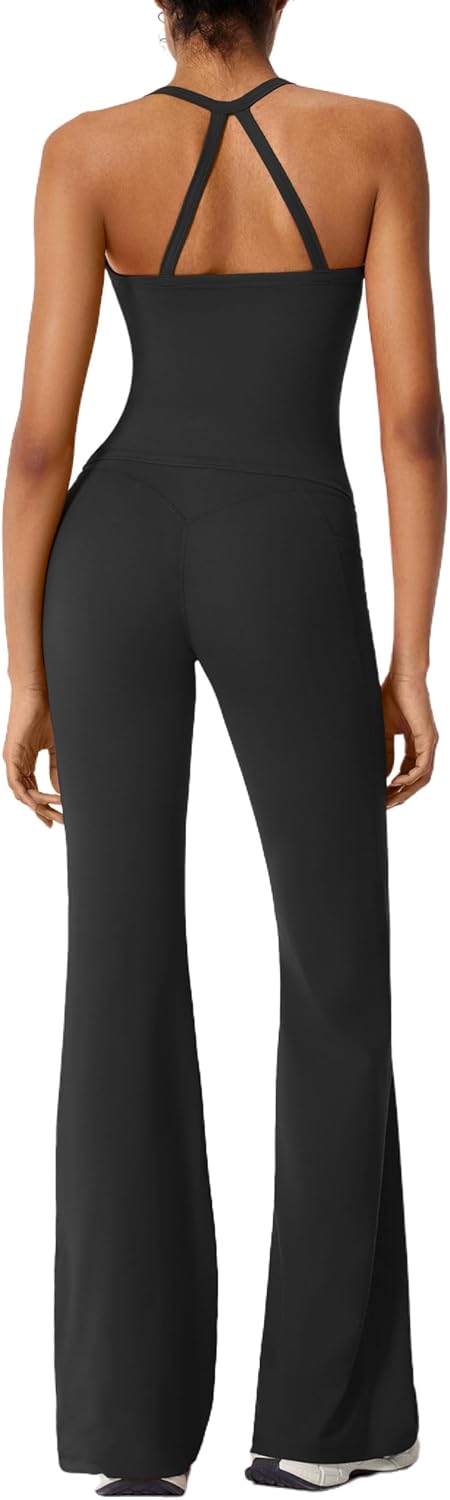 RXRXCOCO Cross Back Workout Sets for Women 2 Piece Padded Tank Tops Flare Leggings Gym Outfits with Pockets - Image 2