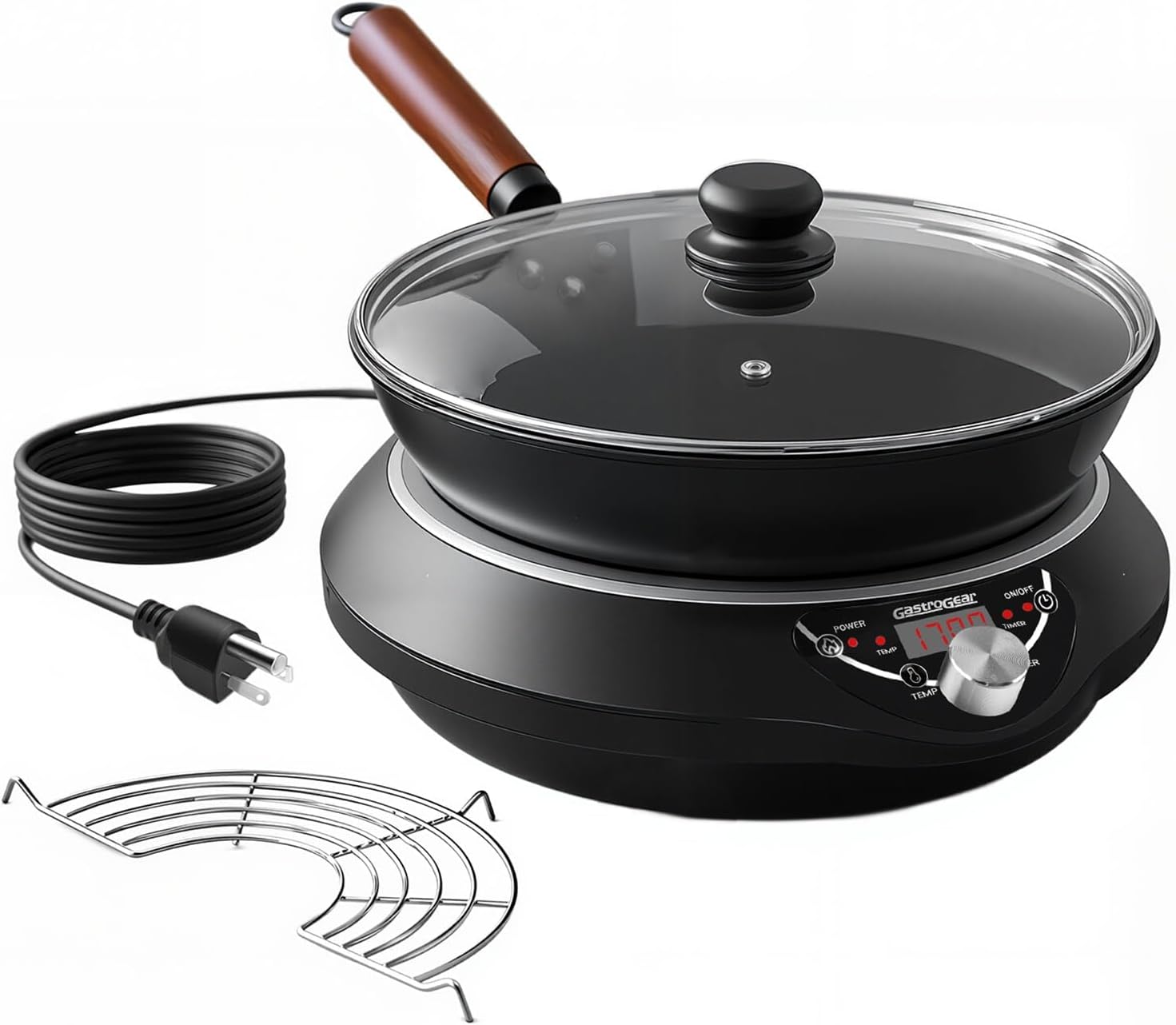 1700W Induction Cooktop with 13.4" Carbon Steel Wok Pan,Lid,Rack,1.97" Deep Curved Concave Electric Stove Burner 16 Watts/temp Precise Ctrl 200~1700W 176°F to 446°F,18H Timer ETL-Listed