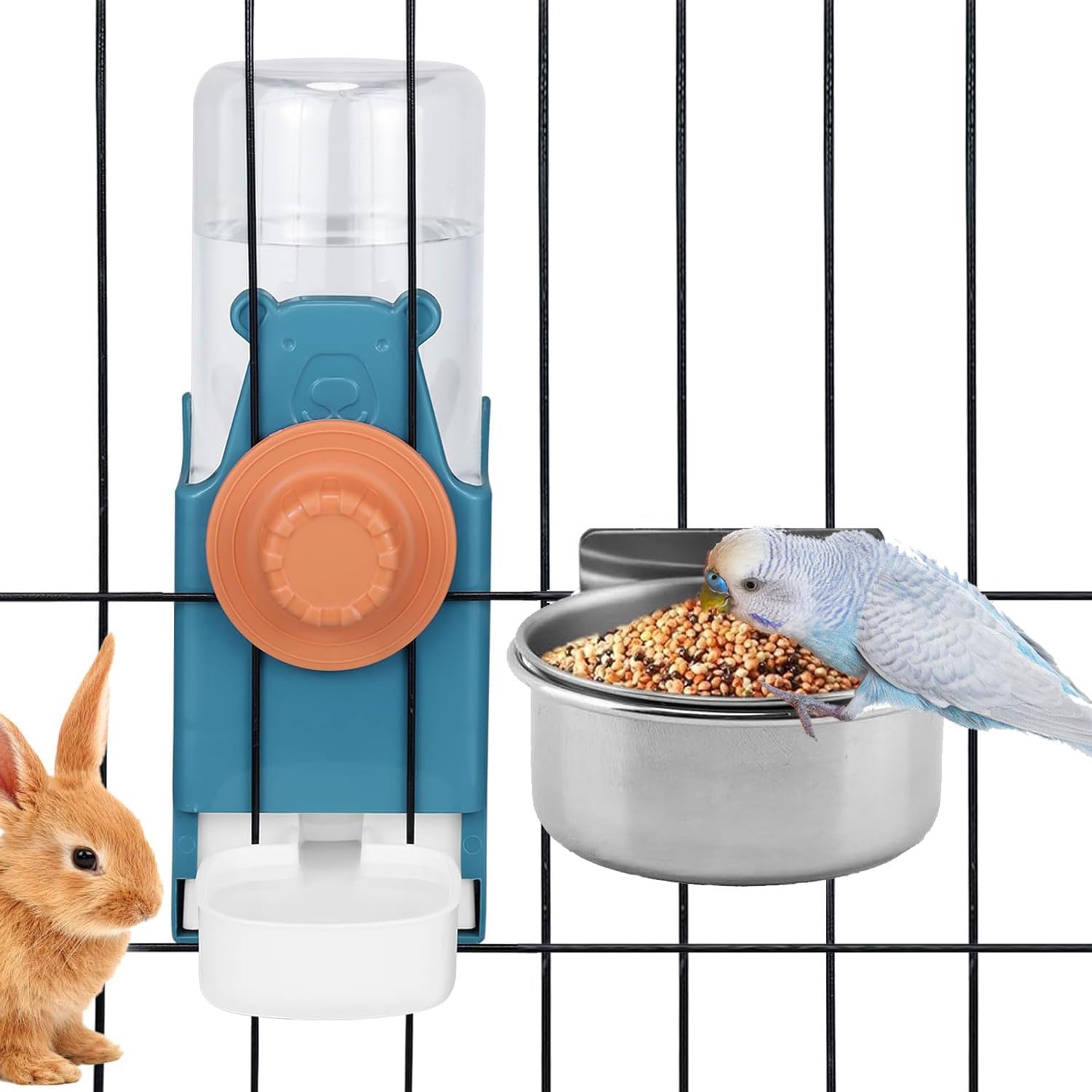 No Mess Bird Feeder Water Dispenser Set, Automatic Parrot Feeder Cage Accessories, Clear Parakeet Seed Container Food Feeder Drinker for Cage, Cockatiel Finch Lovebirds Budgies Canary (Set-A)