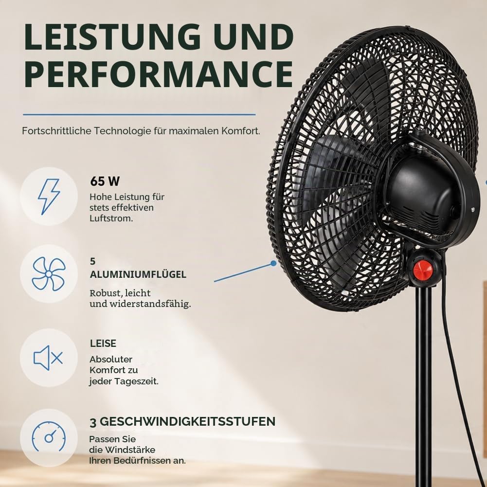 BAKAJI Ventilator 3-in-1, Tischventilator aus Stahl und Kunststoff, 3 einstellbare Geschwindigkeiten, Oszillationsfunktion, rund, robust und stabil, leise (50 cm)