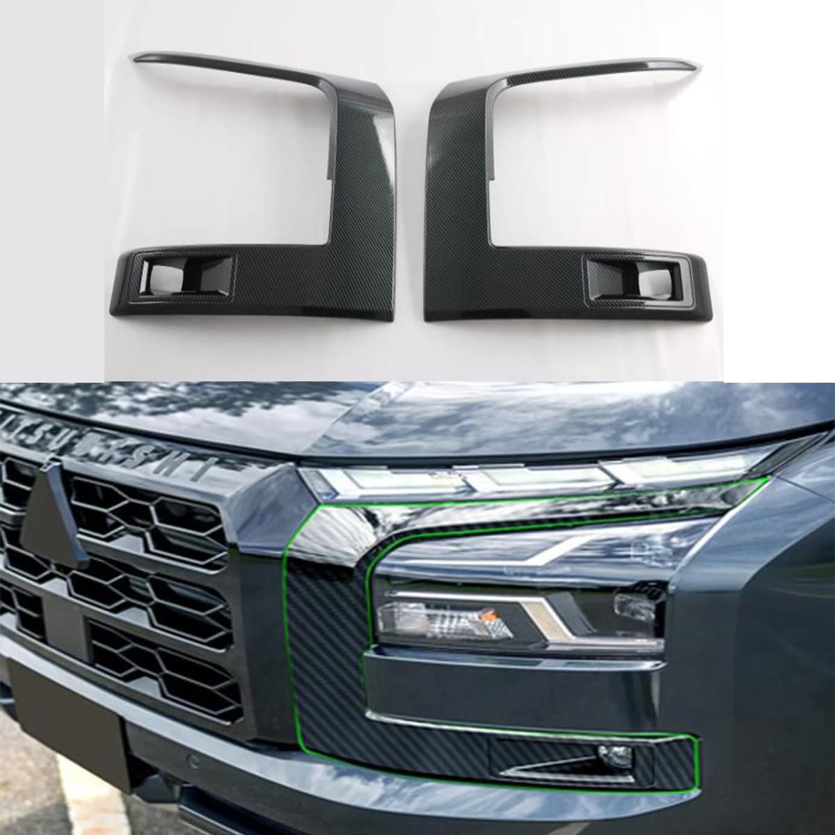/ 2 szt. osłona przedniego reflektora samochodu z włókna węglowego wykończenia ramka emblematy kompatybilne z Mitsubishi Triton L200 2024 2025 2026