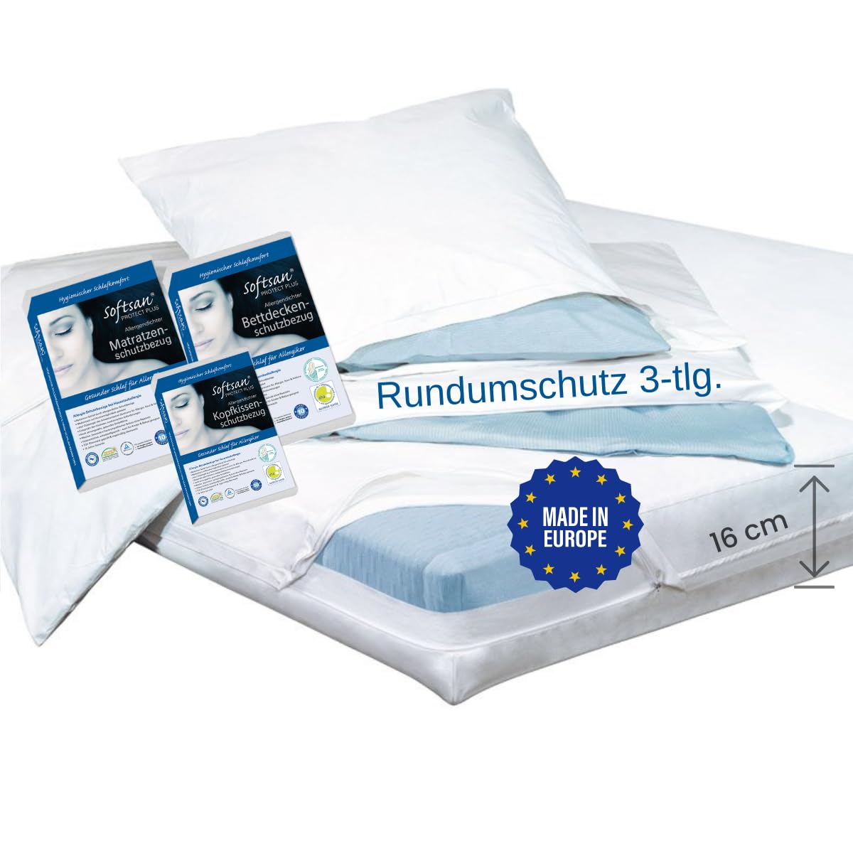 Softsan Protect Plus Allergiker Encasing Set 3tlg. Encasing Rundumschutz als Set: bestehend aus Kissenbezug 80x80 cm + Deckenbezug 135x200 cm + Matratzenbezug 90x200x16 cm