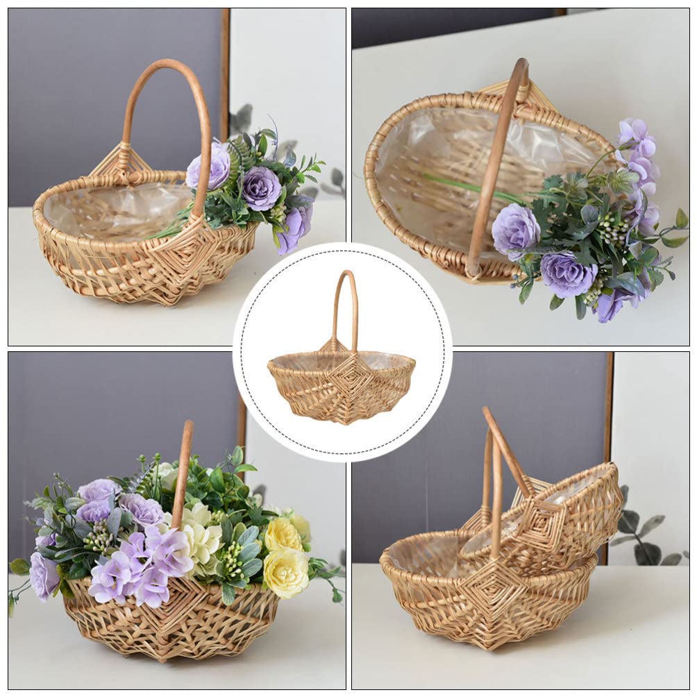BESPORTBLE Cesto in vimini intrecciato con manico, cestino per fiori, cestino per fiori, per frutta, vaso da, da picnic, per matrimonio, decorazione rustica, shabby chic