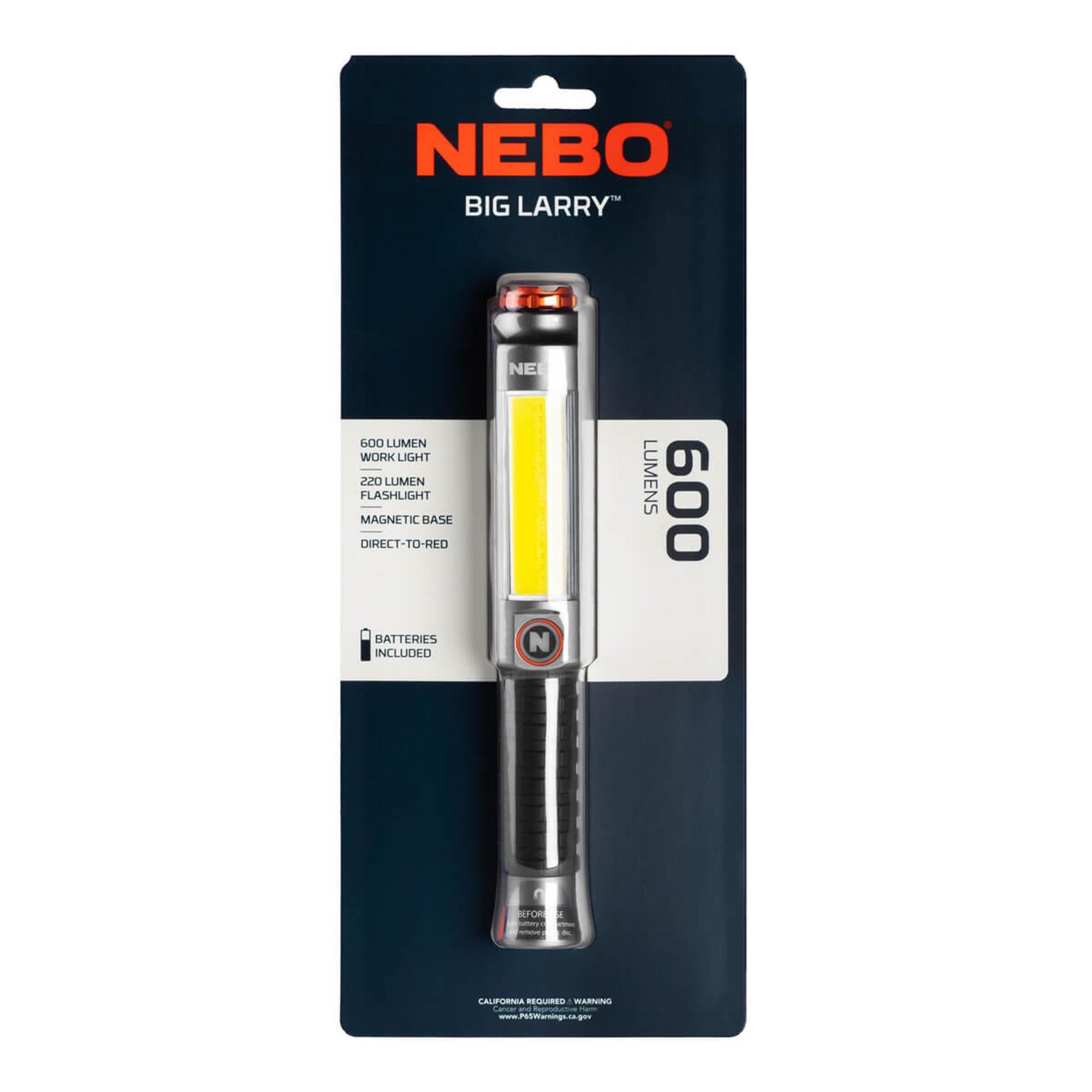 NEBO Big Larry 3 - Torche de 600 lumens avec lampe de travail COB - Base magnétique pour l'éclairage mains-libres - Gris acier