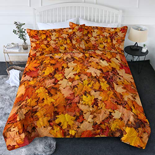 BlessLiving Maple Comforter Set King Set 3 Piece Fall Leaf Bedding Sets with Orange Comforter Autumn Leaves Bedspread 3D Nature Art Quilted Set, Soft Lightweight King Bedset for Adults Women
