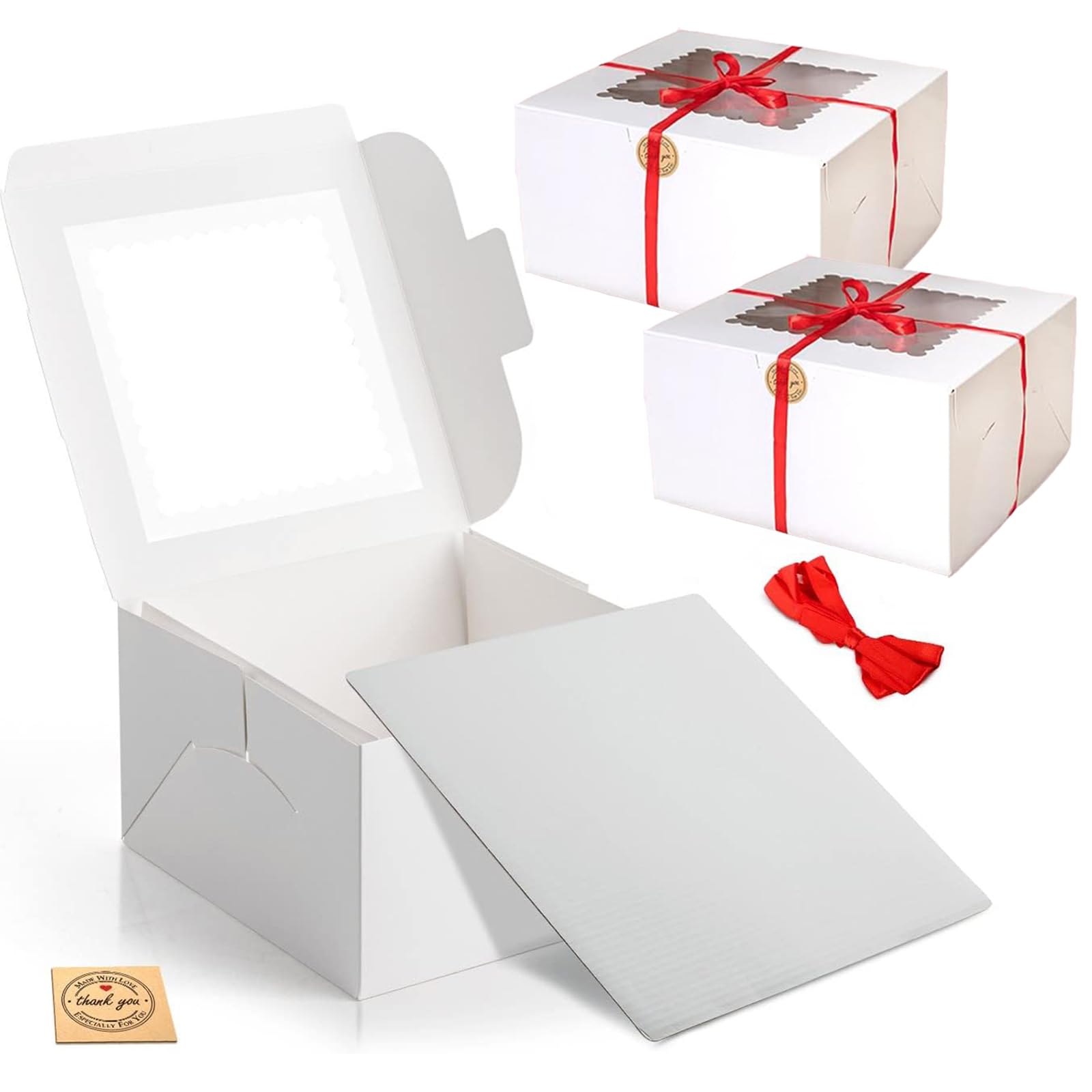 EDS Premium Quality Cake Box 10 Inch with Square Cake Board - Thick Cardboard Cake Boxes with PE Coating & Transparent Window - Ribbon and Sticker Included (PACK OF 2)