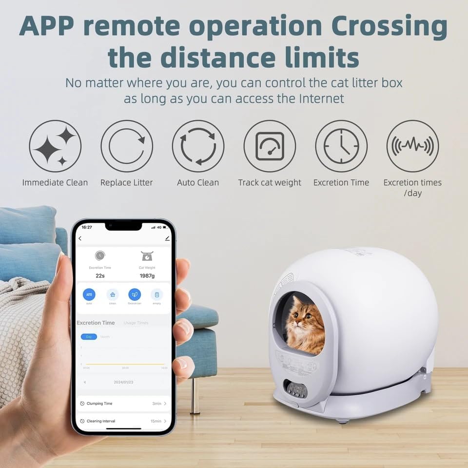 Close-up view of the control panel buttons and indicators on the Smart 65L Automatic Self-Cleaning Cat Litter Box, along with illustrations of disassembly and waste bag replacement.