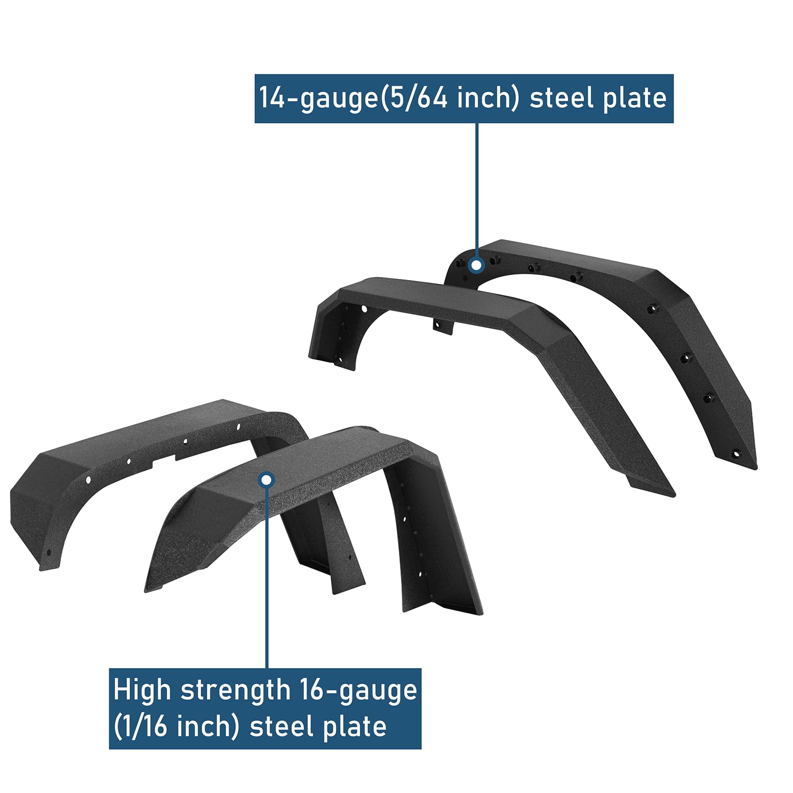 Hooke Road Flat Fender Flares for 2007-2018 Jeep Wrangler JK 24 Doors | Front & Rear Steel Fenders Enhanced Flat Style Offroad Wheel Guard Extra Tire Clearance Moderate Drilling Install product thumbnail 9