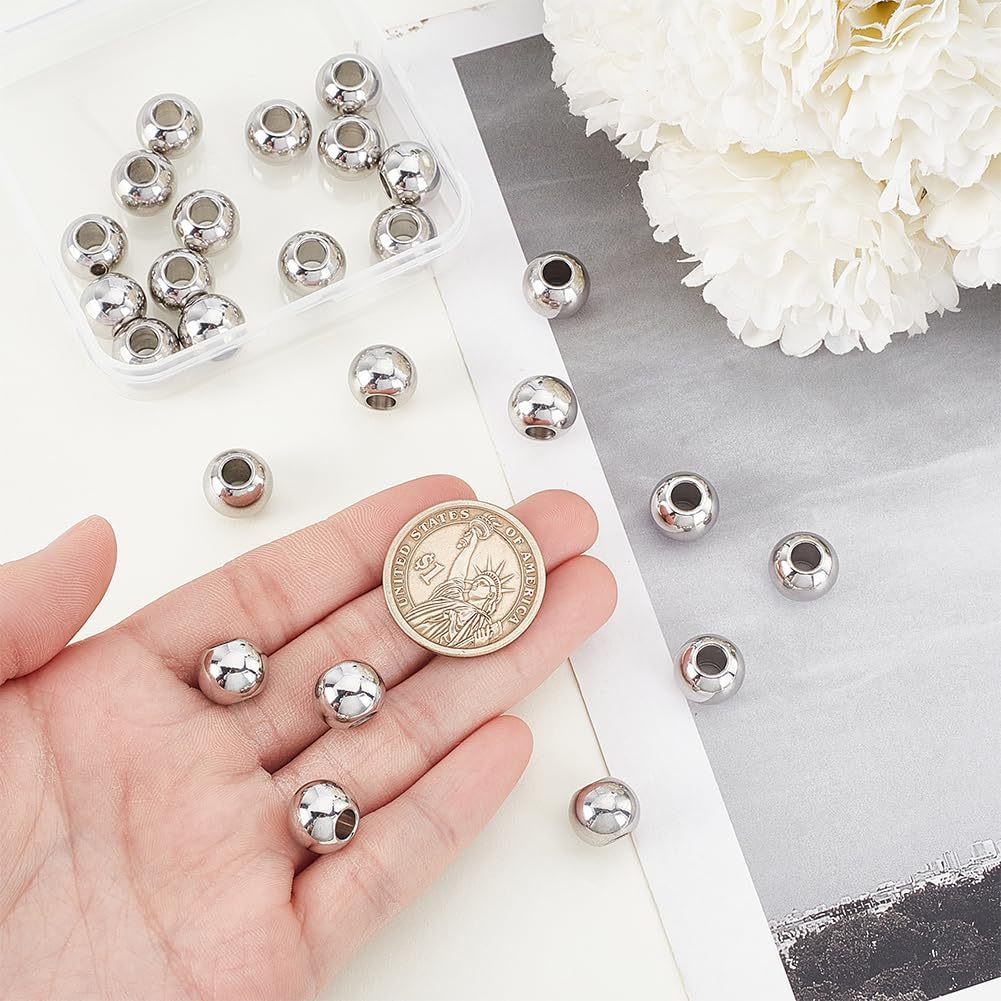 AHANDMAKER 25Pcs Stainless Steel European Beads 12mm Round Loose Charm Caps Beads Smooth Large Hole Loose Spacers Slide Charms for DIY Bracelet Necklace Craft Jewelry Making - Image 3