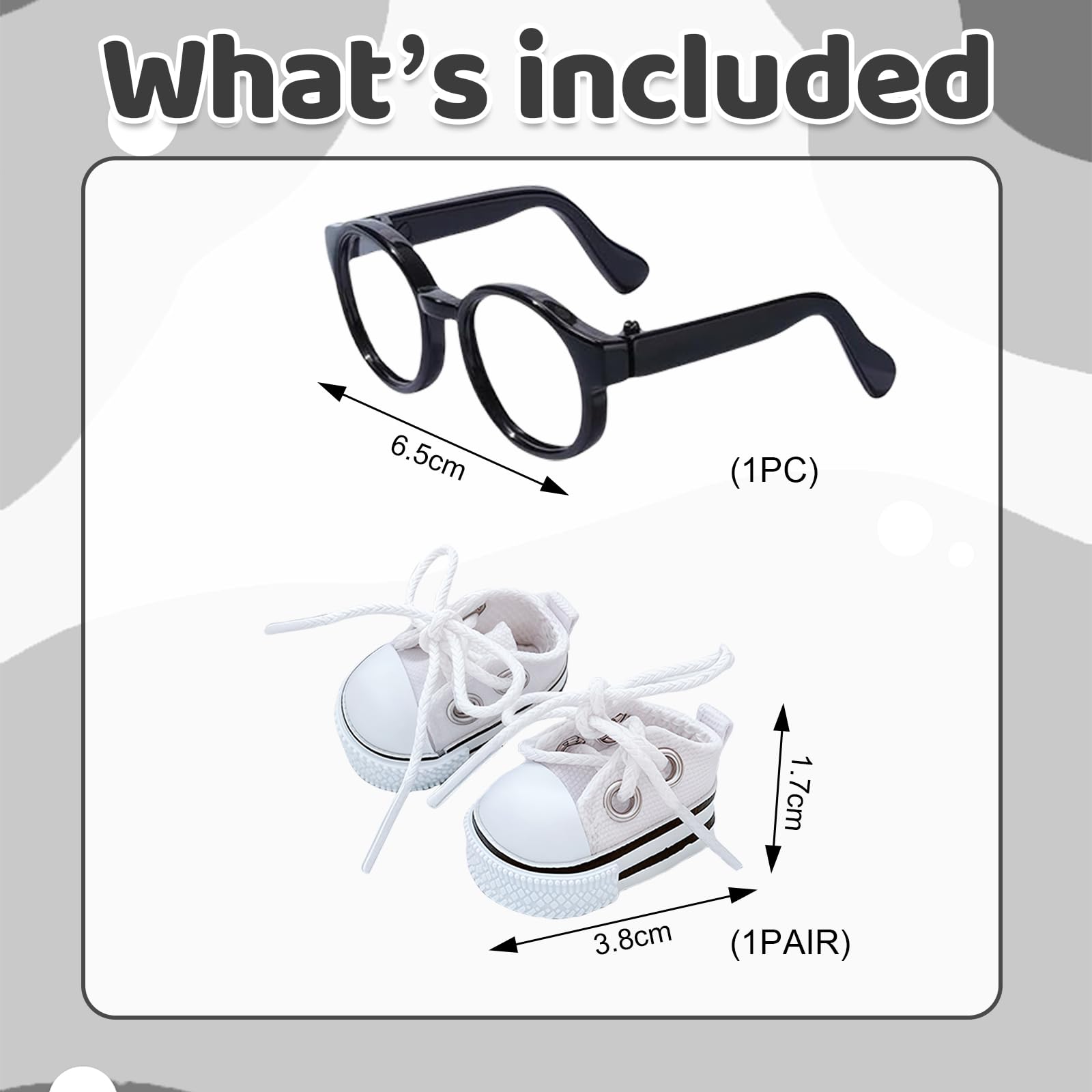 Mrltau Intellectual Style Doll Clothes Accessory Set: Black Round Glasses & Classic Sneakers for 15/17 cm Vinyl Plush Doll - Image 2