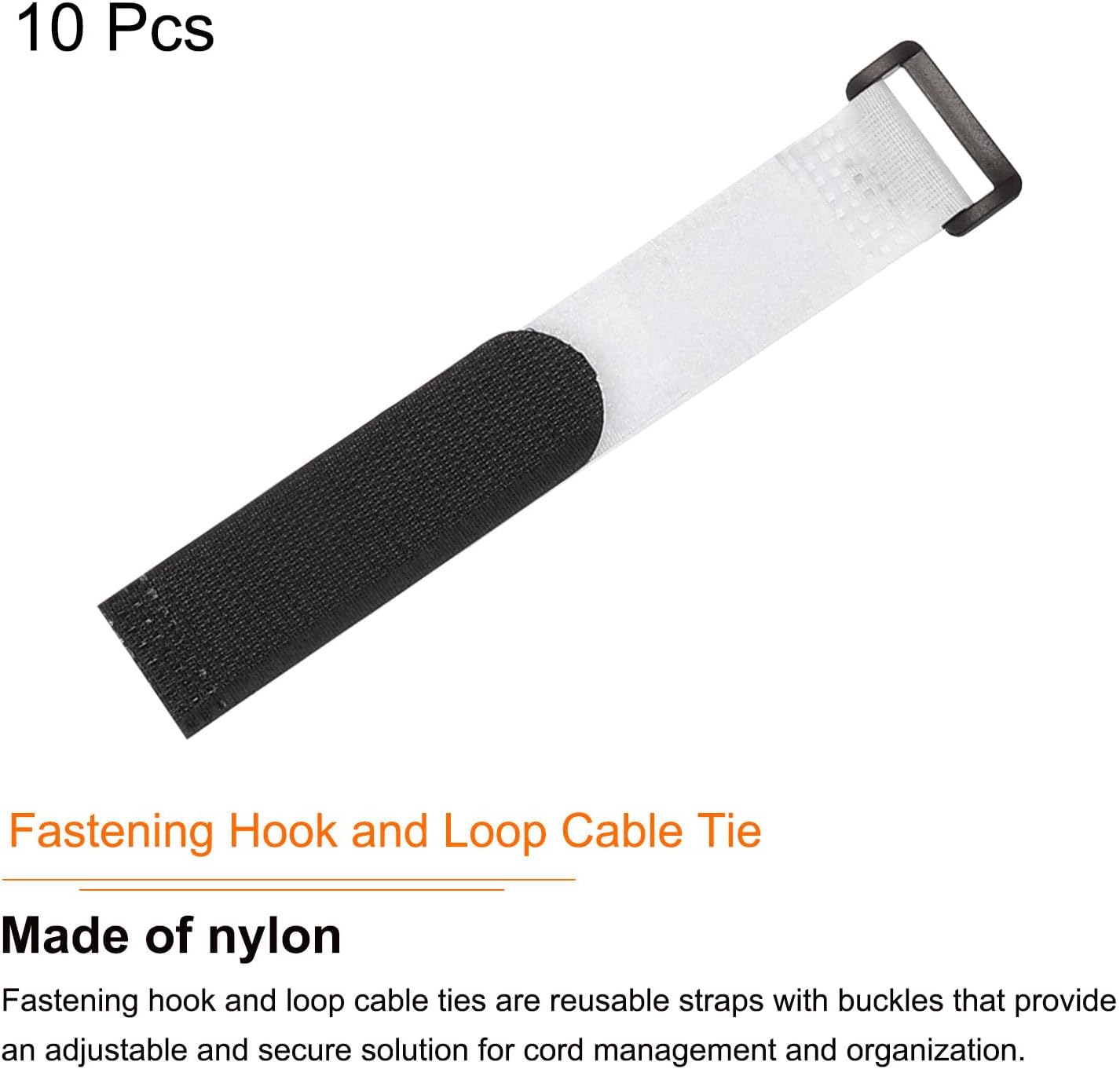 Fastening Hook and Loop Cable Tie 7.8 x 0.9 Inch Reusable with Buckle Adjustable Multi-Purpose Wire Strap for Cord Management White, Pack of 10
