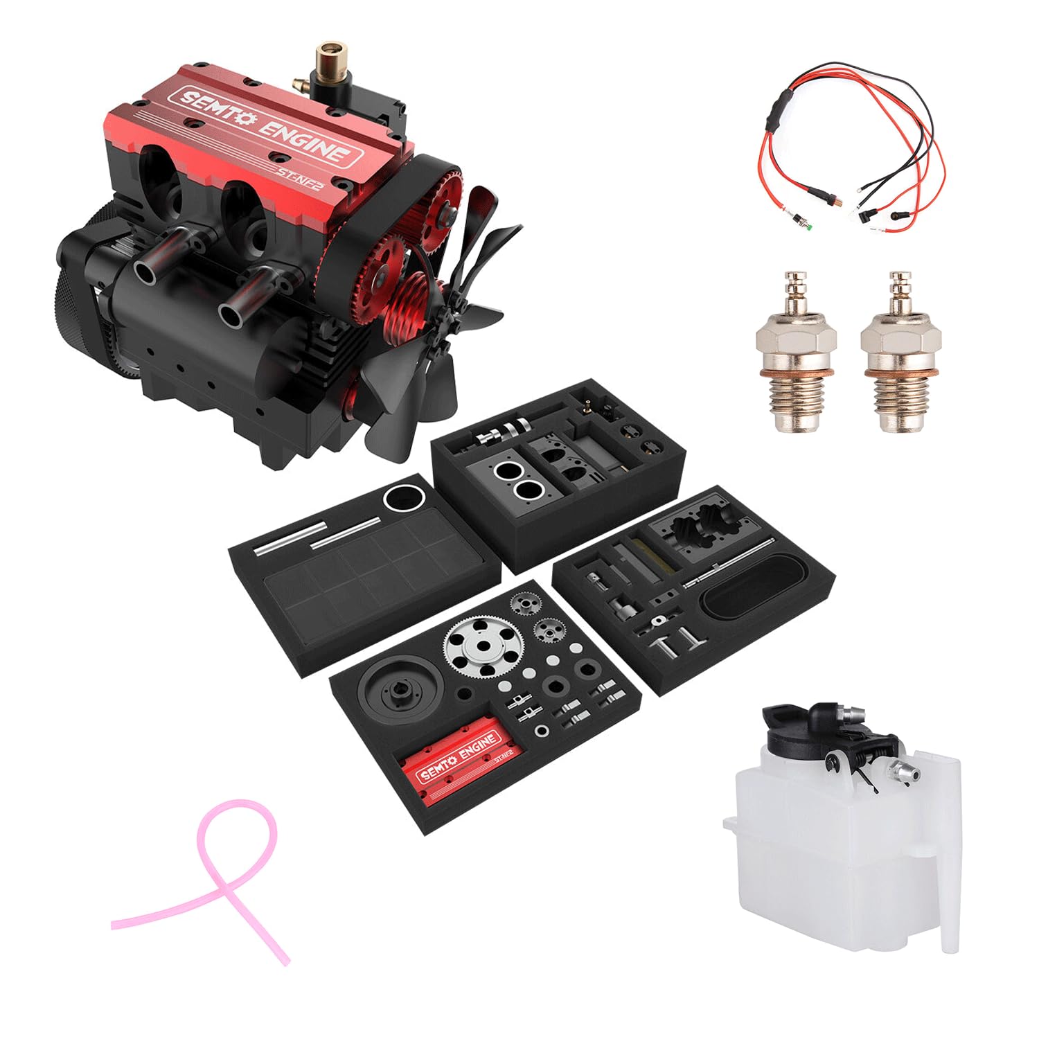 RCXTechPro SEMTO Engine ST-NF2 Inline Twin-Cylinder 7.0cc Nitro Engine Model Set with F-Type Glow Plug, Fuel Tank, Oil Pipe & Ignition Module