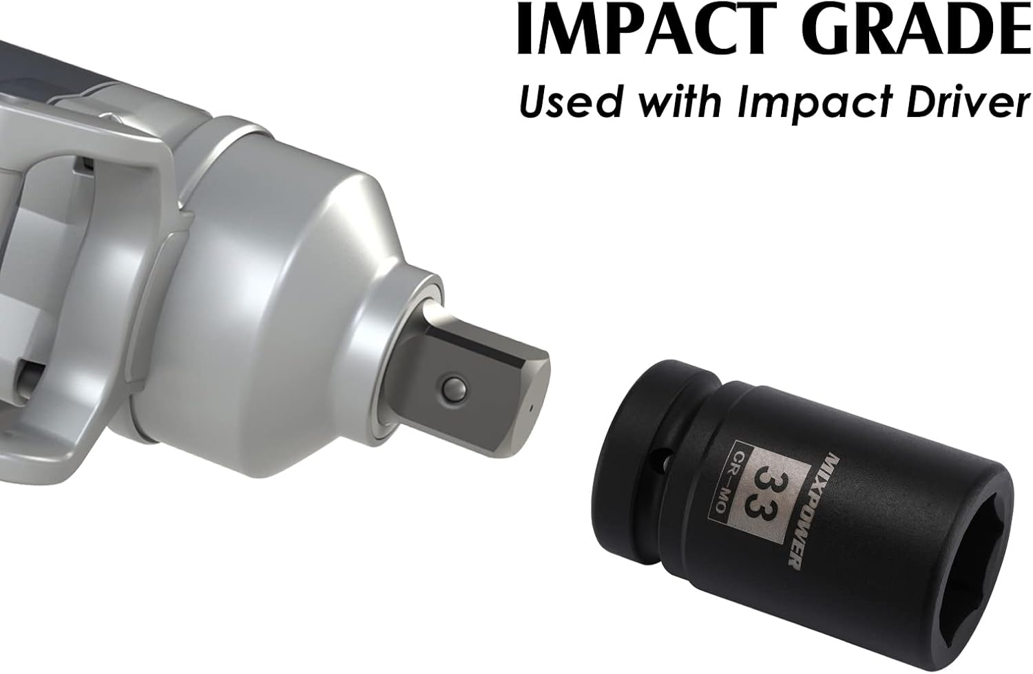 MIXPOWER 10PCS 1"Drive Impact Deep Socket Set, 6 Point, 21-41mm, CR-MO, Metric, Deep, 1" Dr. Deep Spindle Axle Nut Impact Socket Set