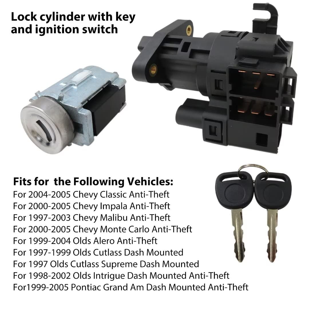 Ignition Starter Switch + Ignition Lock Cylinder W/2 Keys Fits For Chevy Malibu Impala Olds Alero Pontiac Grand Am Repalces Oem 12458191 22599340 1000 - View #7