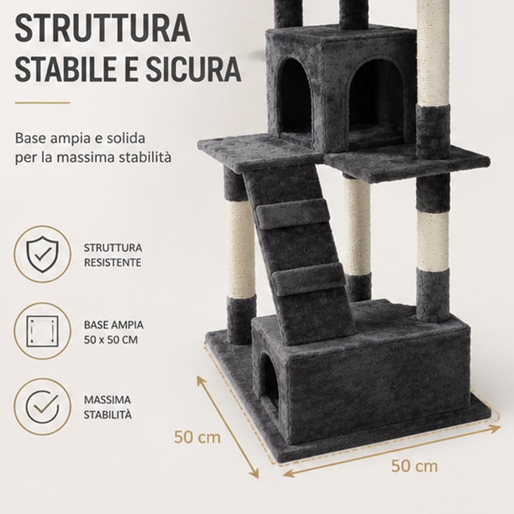 BAKAJI Tiragraffi per Gatti Albero Sisal Parco Giochi Cuccia Gatto Tira Graffi Unghie Alto 170 cm (Grigio)