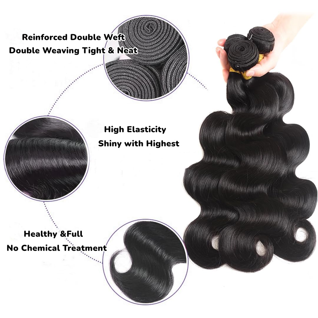 Bundles Human Hair 100% Unprocessed Brazilian Virgin Body Wave Human Hair Bundles 3 Bundle Total 300g Natural Black Color 18 20 22 Inch - Image 2