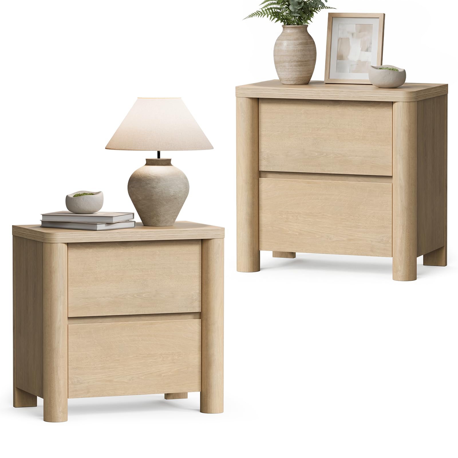 ModernMate Nightstands Set of 2, 26" Night Stand with 2 Drawers, Large Bedside Table with Thick Top, Stable Round Legs, Wood Nightstand for Bedroom