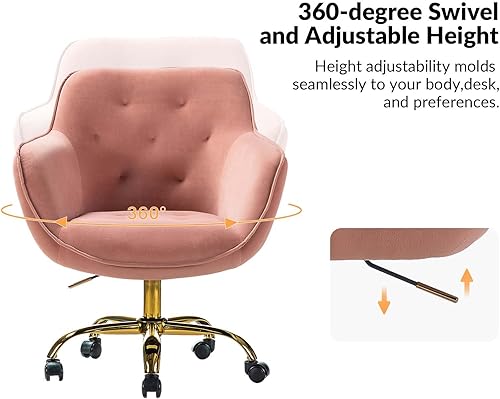 Miniatura 4 de HULALA HOME Silla de oficina de terciopelo con base dorada, moderna y bonita silla de escritorio con respaldo medio, silla giratoria ajustable para