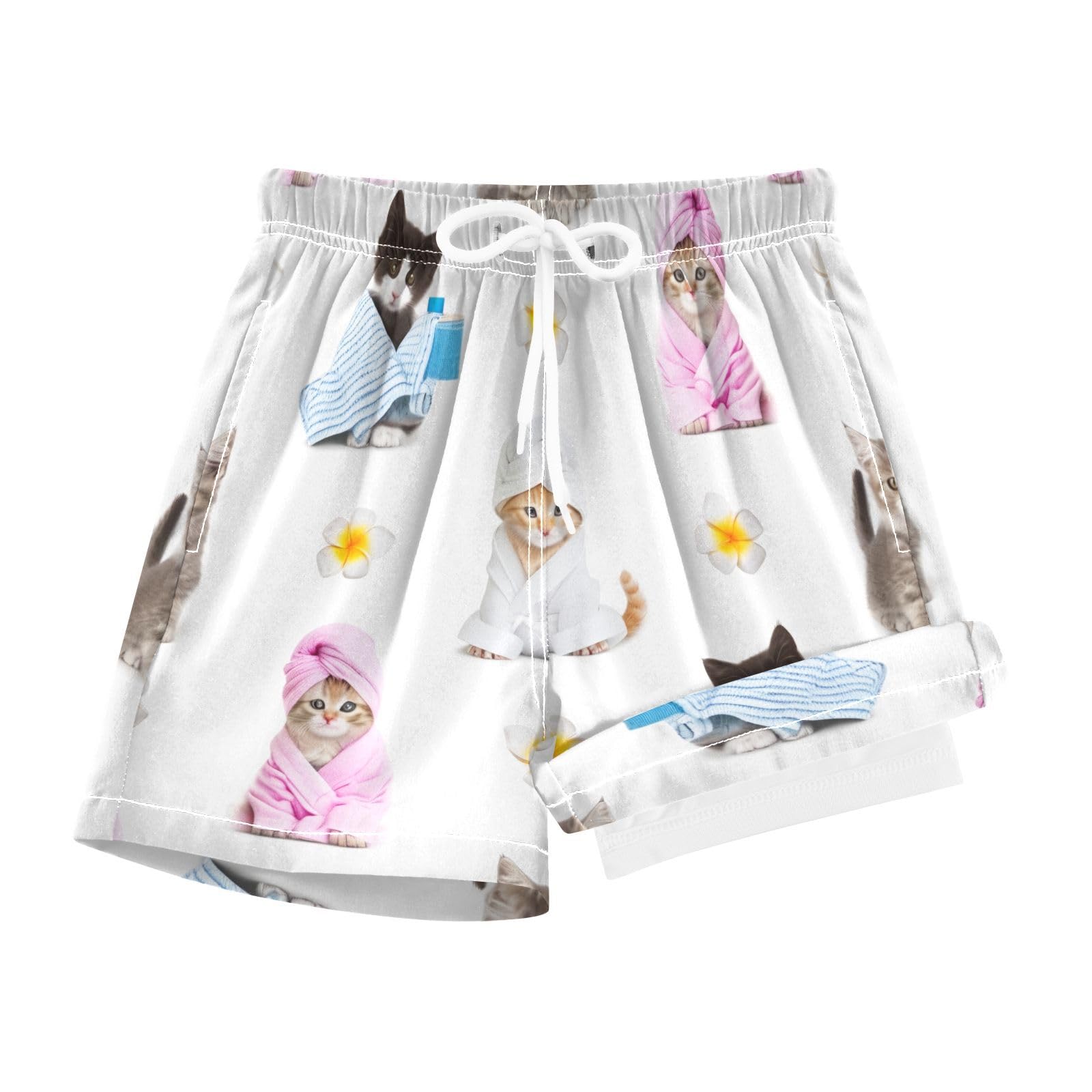 YANENDIE Boy Swim Trunks with Compression Liner Spa Kittens Boys Swim Shorts Quick Dry Beach Shorts