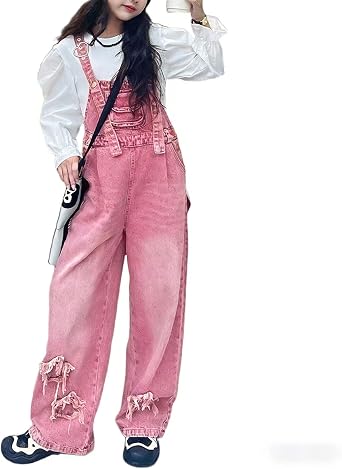 Girls Kids Denim Overalls with Stars Wide Leg Jeans Jumpsuits Baggy Bib Overalls with Pockets 6-14 Years