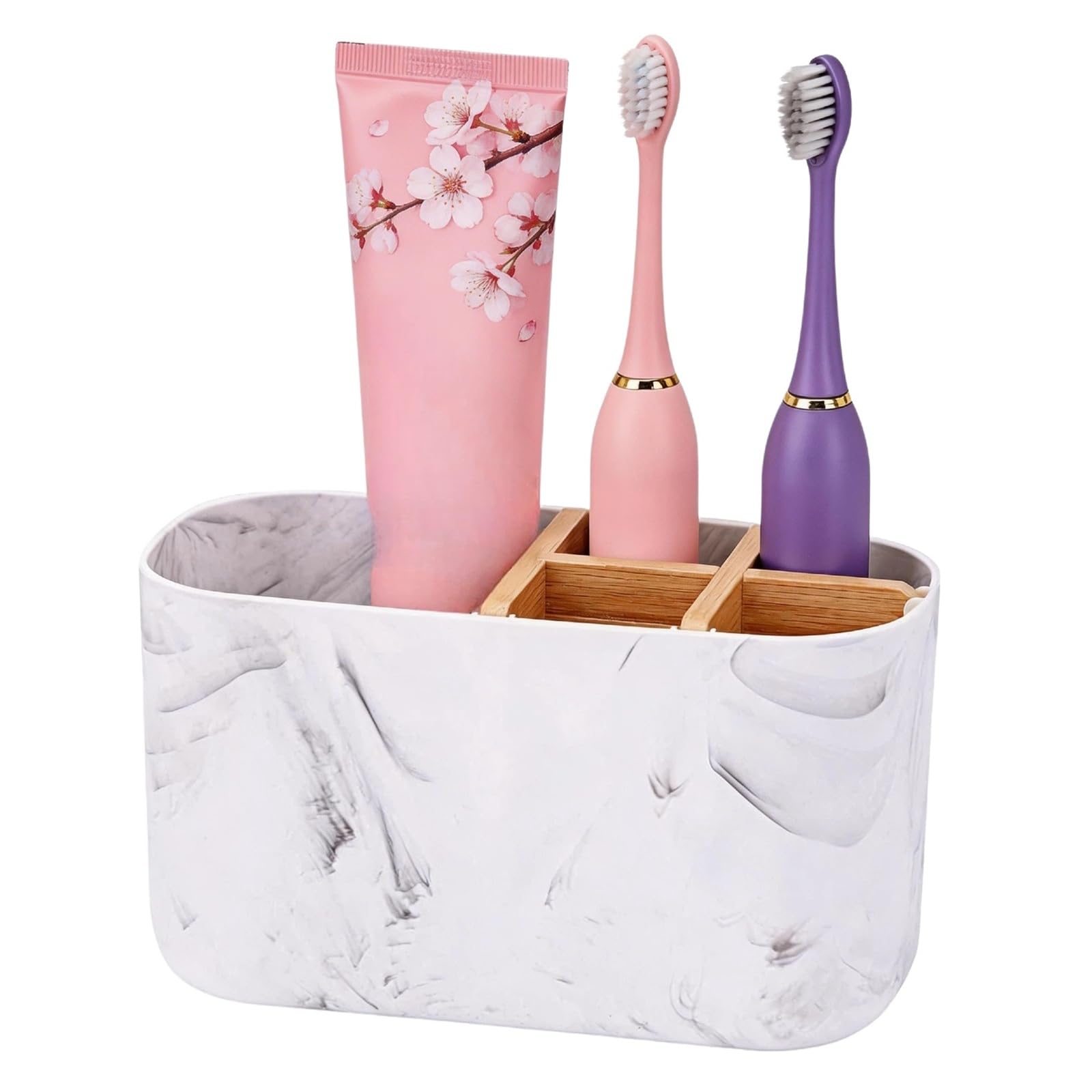Qingfengyi White Bamboo Toothbrush Holder-5 Slots Toothbrush Caddy Organizer For Bathroom With Detachable Bamboo Divider Kids Electric Toothbrush And Toothpaste Holder Razor Storage Caddy For Bathroom Kitchen