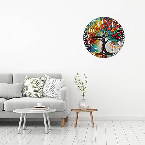 Miniatura 5 de Reloj de pared de árbol de pintura al óleo de 10 pulgadas, funciona con pilas, silencioso y moderno reloj decorativo para el hogar, cocina, sala de