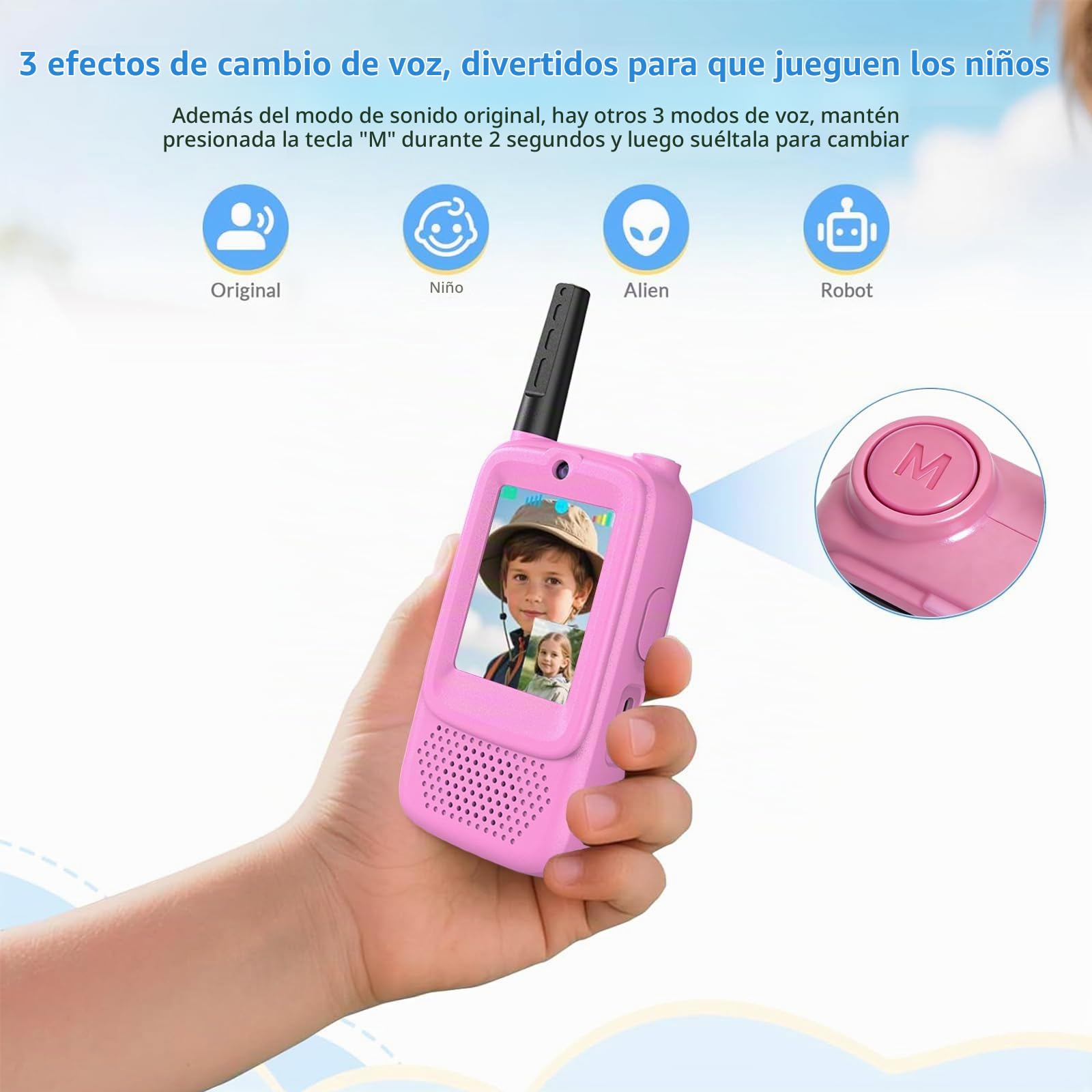 Walkie Talkies con Videollamada para Niños (Paquete de 2), Juguetes Recargables 3-8 Años, Largo Alcance 500m, Regalo Ideal Cumpleaños, Juegos al Aire Libre (Azul y Rosa)