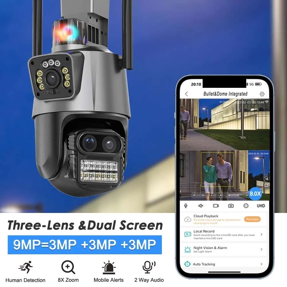 Kamera IP 9MP zewnętrzna bezprzewodowa kamera bezpieczeństwa 8X Zoom automatyczne śledzenie trzy obiektywy podwójny ekran PTZ kamera CCTV nadzór wideo(9MP Camera Add 32GB)