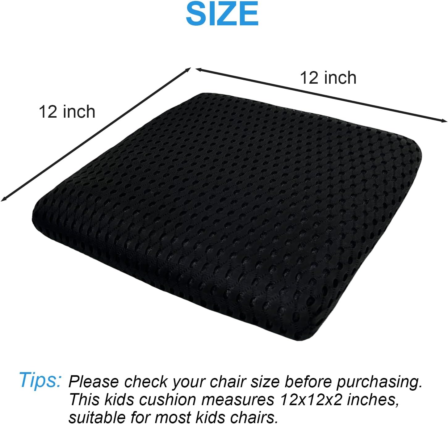 Esme L&H 2Pcs 12 Inch Kids Chair Pads with Ties Breathable 3D Air Mesh Chair Cushion Square Seat Cushion for Kids Chair/School Chair/Wood Chairs (Black,2pcs)