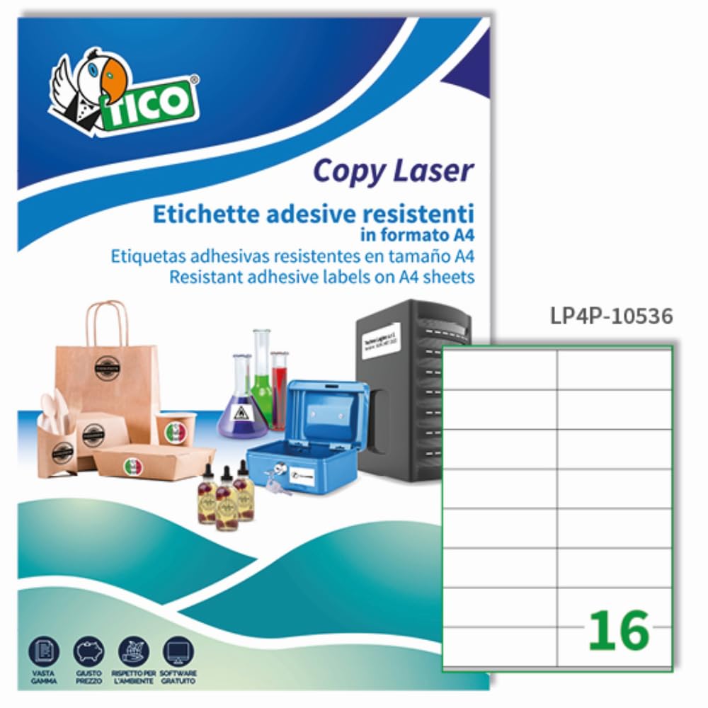 Tico Italia LP4P-10536 Etichette adesive bianche resistenti in poliestere, 70 fogli A4, rettangolari 105x36mm, 16 etichette per foglio, adesivo permanente, stampanti laser
