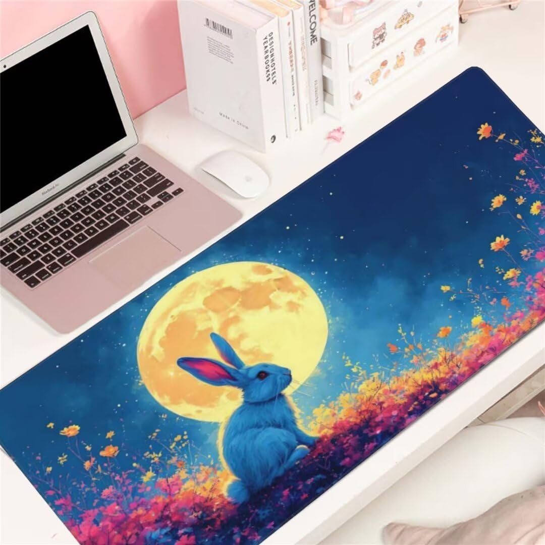 Alfombrilla de ratón 1400x600x3 MM, Alfombrilla Ratón XXL Extendida de Gran Tamaño con Bordes Cosidos, Base de Goma Antideslizante Almohadilla para Teclado, Conejo de la Luna S-12467