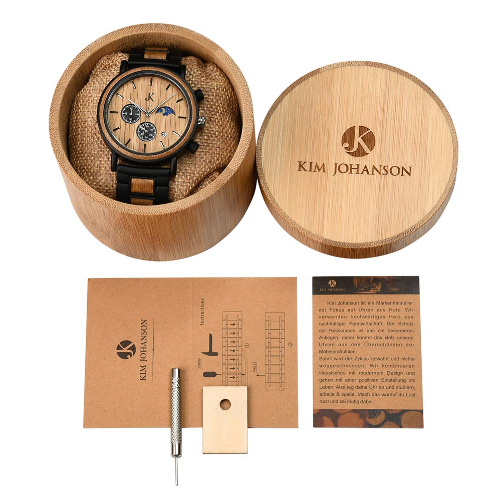 Kim Johanson Herren Holz-Edelstahl Armbanduhr *Military* in Hellbraun Chronograph mit Sonne & Mond Anzeige & einem Gliederarmband Handgefertigt Quarz Analog Uhr inkl. Geschenkbox