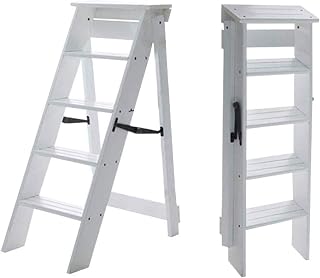 Wood White Folding 5 Steps Stools, Household Ladders Chairs Multi-Purpose Climb Ladder Stools Stepladder for Home Garden or Library