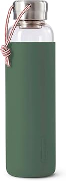 BLACK + BLUM Travel Glass Water Bottle | Lightweight, Leak Proof Flask w/ Protective Sleeve & Stainless Steel Lid | Hot or Cold Drinks for Travel, Office & School for All Ages | Olive, 20 oz / 600 ml