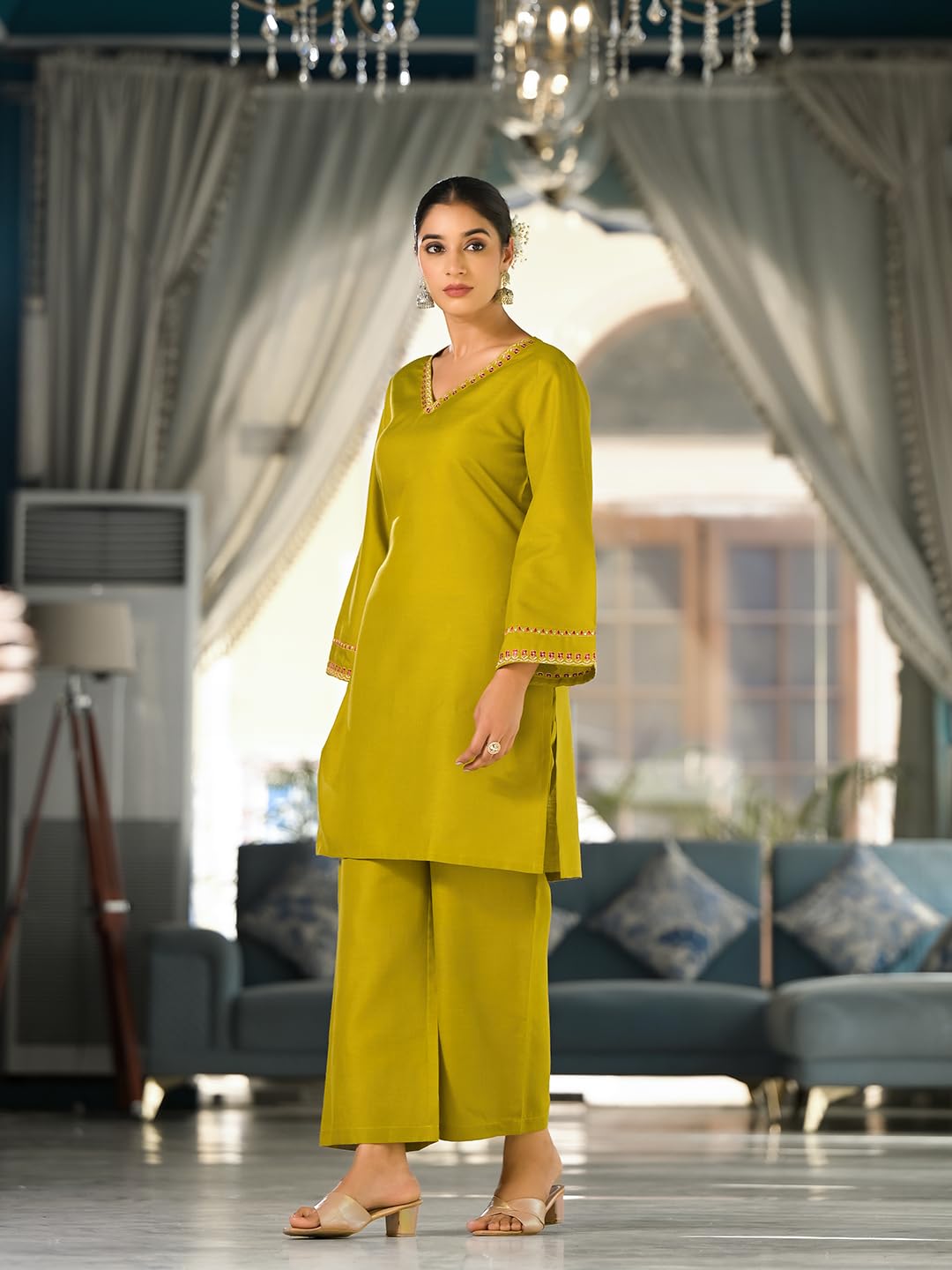 Varanga Women Green Embroidered V-Neck With Flared Sleeves Co-Ord Set  Stylish & Comfortable Ethnic Wear