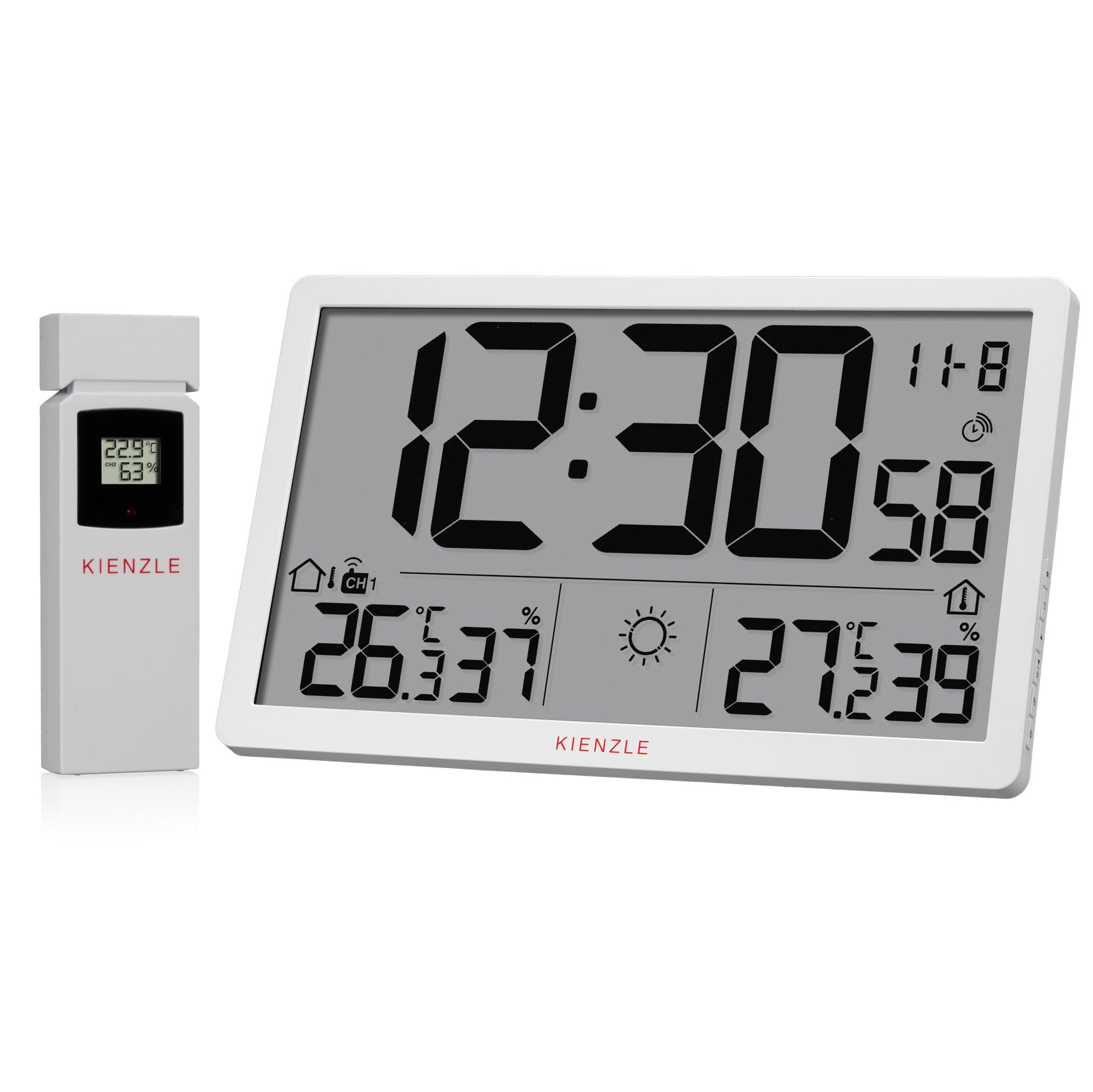 Kienzle Reloj de pared con pantalla LCD XL, sensor exterior, temperatura y humedad, color blanco